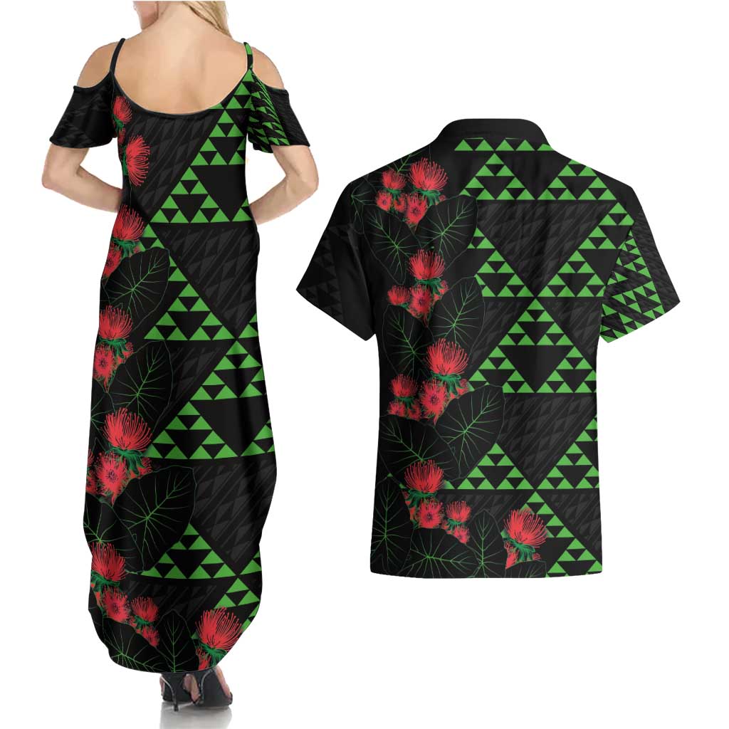 Hawaiian Green Kakau Art Tattoo-Ohia Lehua and Taro Leaves Couples Matching Summer Maxi Dress and Hawaiian Shirt LT03 - Polynesian Pride