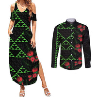 Hawaiian Green Kakau Art Tattoo-Ohia Lehua and Taro Leaves Couples Matching Summer Maxi Dress and Long Sleeve Button Shirt LT03 Black-Green - Polynesian Pride