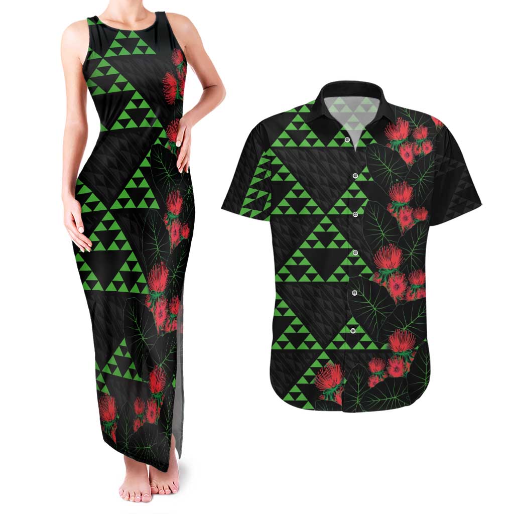 Hawaiian Green Kakau Art Tattoo-Ohia Lehua and Taro Leaves Couples Matching Tank Maxi Dress and Hawaiian Shirt LT03 Black-Green - Polynesian Pride