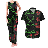 Hawaiian Green Kakau Art Tattoo-Ohia Lehua and Taro Leaves Couples Matching Tank Maxi Dress and Hawaiian Shirt LT03 Black-Green - Polynesian Pride