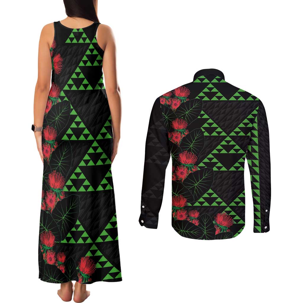 Hawaiian Green Kakau Art Tattoo-Ohia Lehua and Taro Leaves Couples Matching Tank Maxi Dress and Long Sleeve Button Shirt LT03 - Polynesian Pride