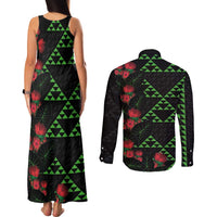 Hawaiian Green Kakau Art Tattoo-Ohia Lehua and Taro Leaves Couples Matching Tank Maxi Dress and Long Sleeve Button Shirt LT03 - Polynesian Pride