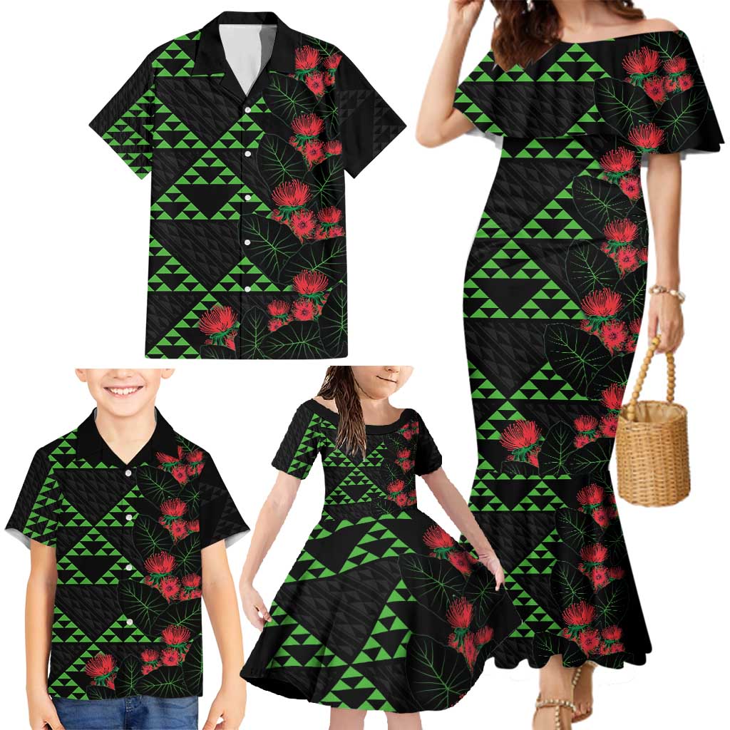 Hawaiian Green Kakau Art Tattoo-Ohia Lehua and Taro Leaves Family Matching Mermaid Dress and Hawaiian Shirt LT03 - Polynesian Pride