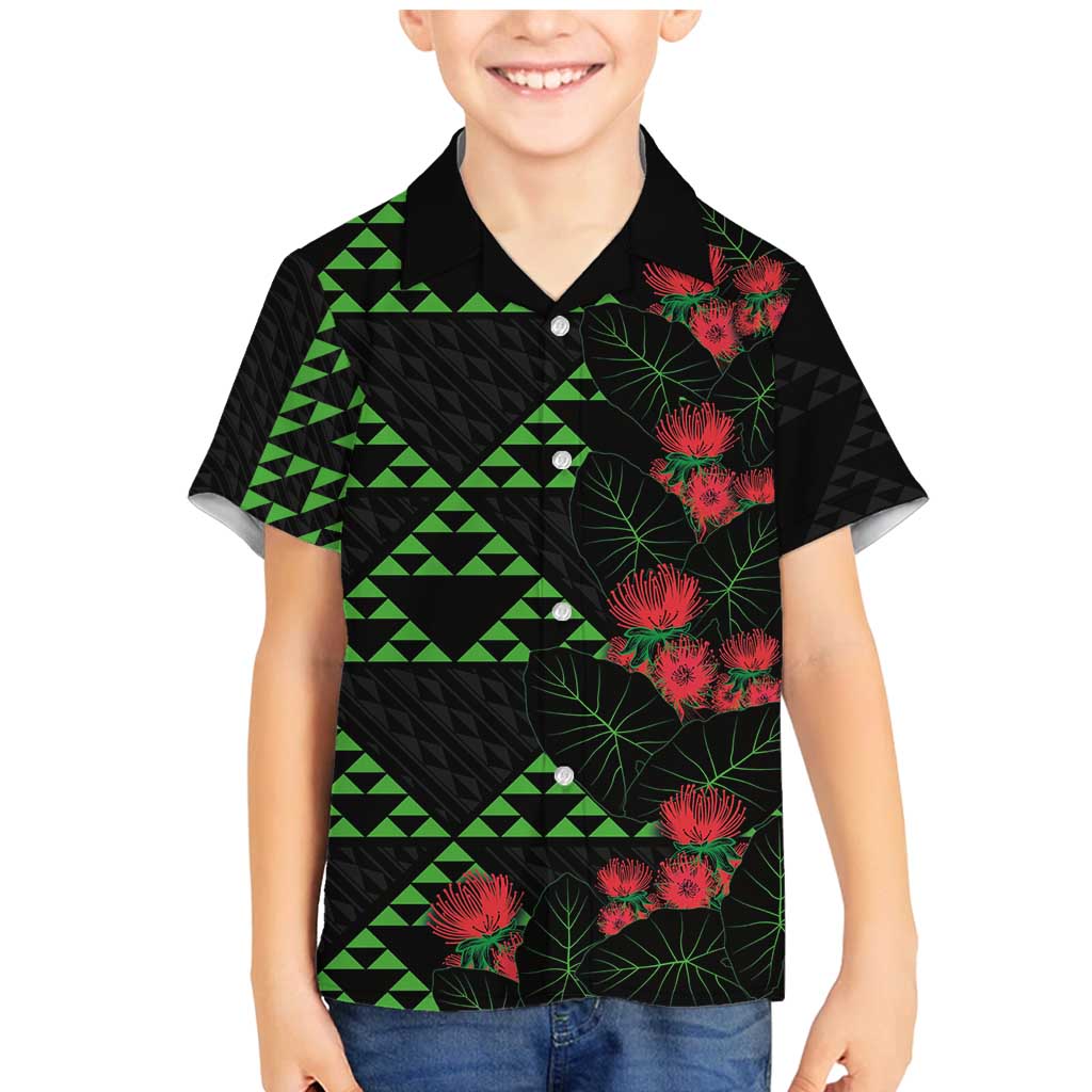 Hawaiian Green Kakau Art Tattoo-Ohia Lehua and Taro Leaves Family Matching Mermaid Dress and Hawaiian Shirt LT03 Son's Shirt Black-Green - Polynesian Pride
