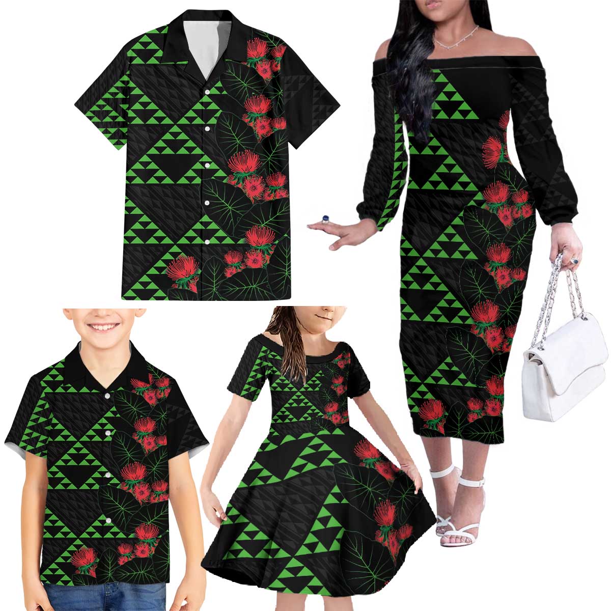 Hawaiian Green Kakau Art Tattoo-Ohia Lehua and Taro Leaves Family Matching Off The Shoulder Long Sleeve Dress and Hawaiian Shirt LT03 - Polynesian Pride