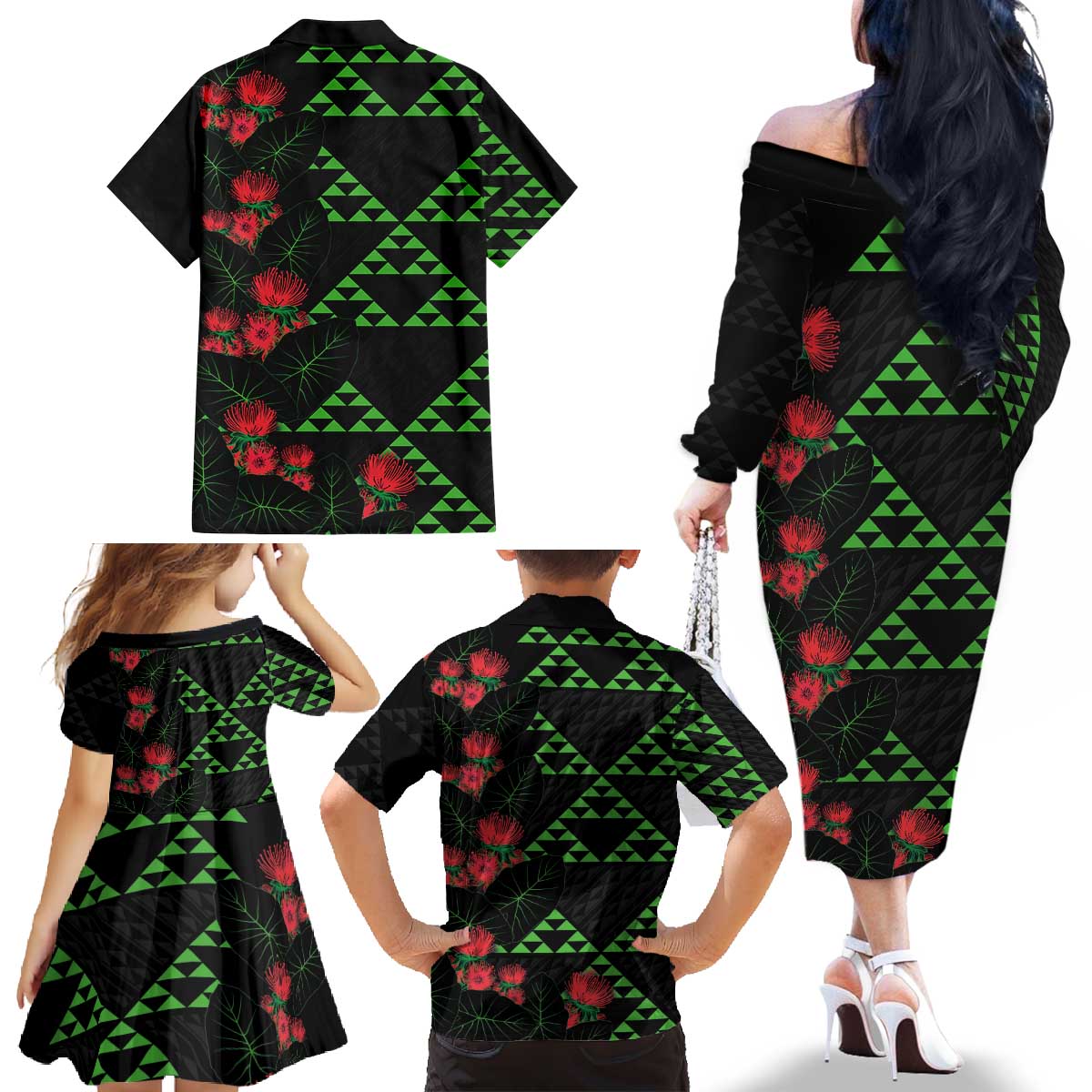 Hawaiian Green Kakau Art Tattoo-Ohia Lehua and Taro Leaves Family Matching Off The Shoulder Long Sleeve Dress and Hawaiian Shirt LT03 - Polynesian Pride
