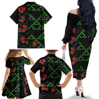 Hawaiian Green Kakau Art Tattoo-Ohia Lehua and Taro Leaves Family Matching Off The Shoulder Long Sleeve Dress and Hawaiian Shirt LT03 - Polynesian Pride