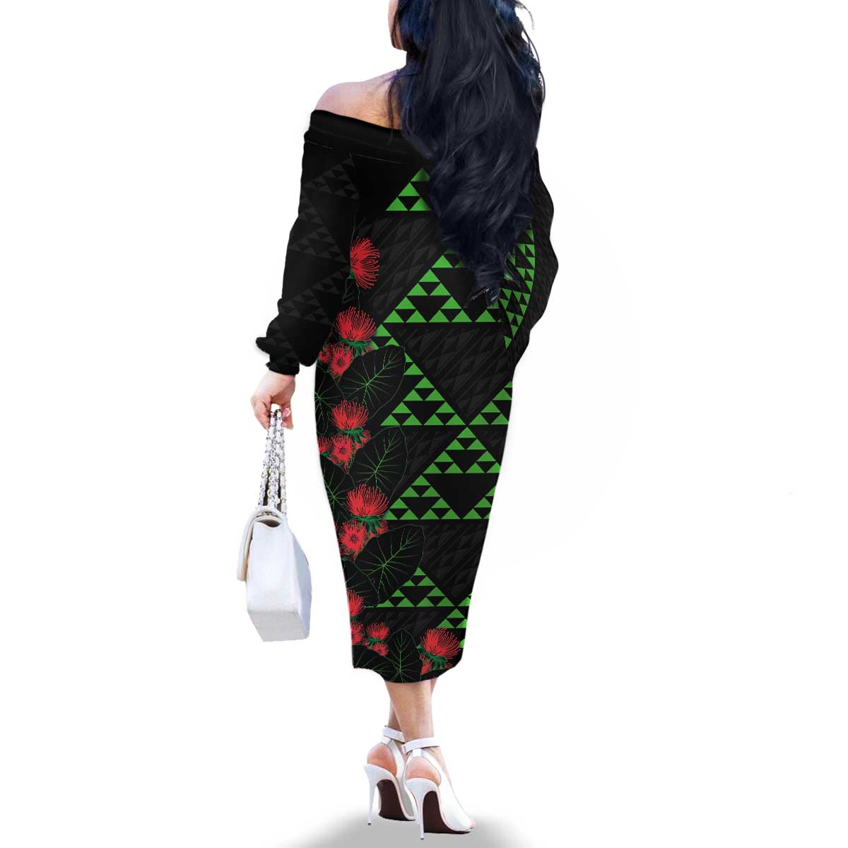 Hawaiian Green Kakau Art Tattoo-Ohia Lehua and Taro Leaves Family Matching Off The Shoulder Long Sleeve Dress and Hawaiian Shirt LT03 - Polynesian Pride