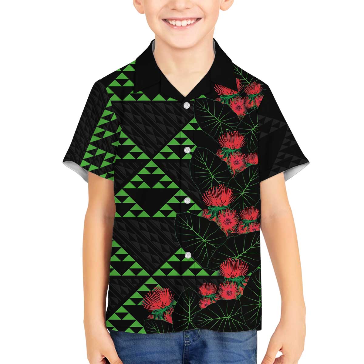 Hawaiian Green Kakau Art Tattoo-Ohia Lehua and Taro Leaves Family Matching Off The Shoulder Long Sleeve Dress and Hawaiian Shirt LT03 Son's Shirt Black-Green - Polynesian Pride