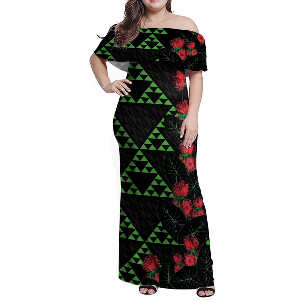 Hawaiian Green Kakau Art Tattoo-Ohia Lehua and Taro Leaves Family Matching Off Shoulder Maxi Dress and Hawaiian Shirt LT03 Mom's Dress Black-Green - Polynesian Pride
