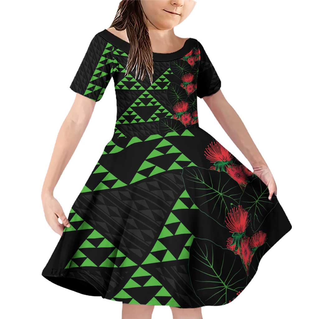 Hawaiian Green Kakau Art Tattoo-Ohia Lehua and Taro Leaves Family Matching Off Shoulder Short Dress and Hawaiian Shirt LT03 Daughter's Dress Black-Green - Polynesian Pride