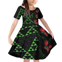 Hawaiian Green Kakau Art Tattoo-Ohia Lehua and Taro Leaves Family Matching Off Shoulder Short Dress and Hawaiian Shirt LT03 Daughter's Dress Black-Green - Polynesian Pride