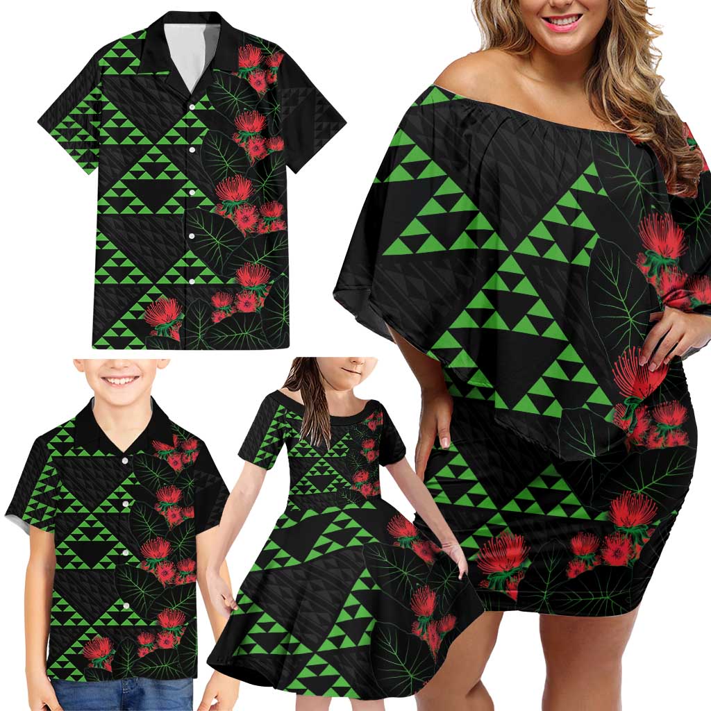 Hawaiian Green Kakau Art Tattoo-Ohia Lehua and Taro Leaves Family Matching Off Shoulder Short Dress and Hawaiian Shirt LT03 - Polynesian Pride