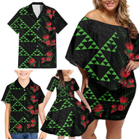 Hawaiian Green Kakau Art Tattoo-Ohia Lehua and Taro Leaves Family Matching Off Shoulder Short Dress and Hawaiian Shirt LT03 - Polynesian Pride