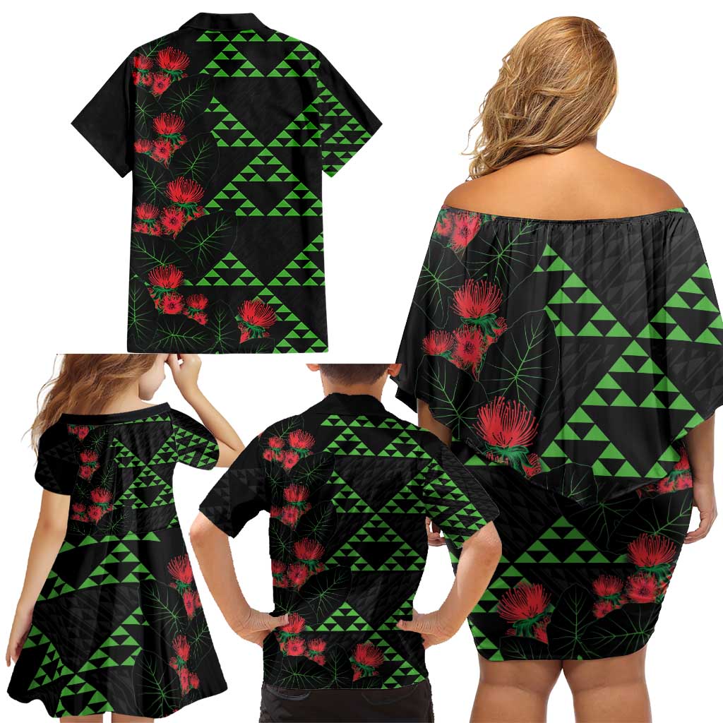 Hawaiian Green Kakau Art Tattoo-Ohia Lehua and Taro Leaves Family Matching Off Shoulder Short Dress and Hawaiian Shirt LT03 - Polynesian Pride
