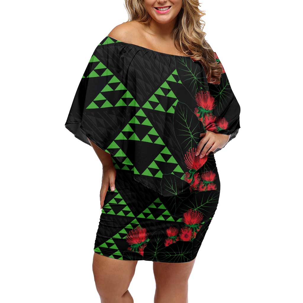 Hawaiian Green Kakau Art Tattoo-Ohia Lehua and Taro Leaves Family Matching Off Shoulder Short Dress and Hawaiian Shirt LT03 Mom's Dress Black-Green - Polynesian Pride