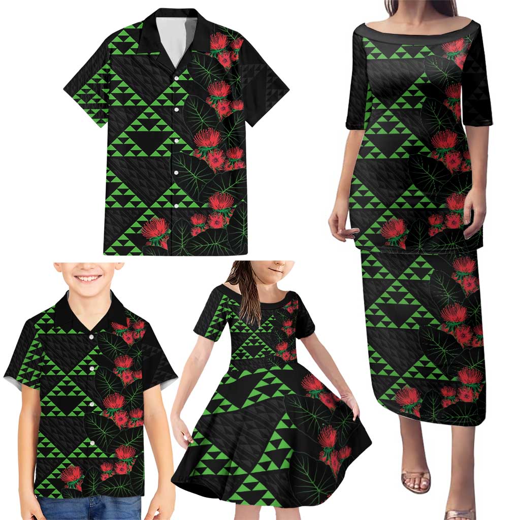 Hawaiian Green Kakau Art Tattoo-Ohia Lehua and Taro Leaves Family Matching Puletasi and Hawaiian Shirt LT03 - Polynesian Pride