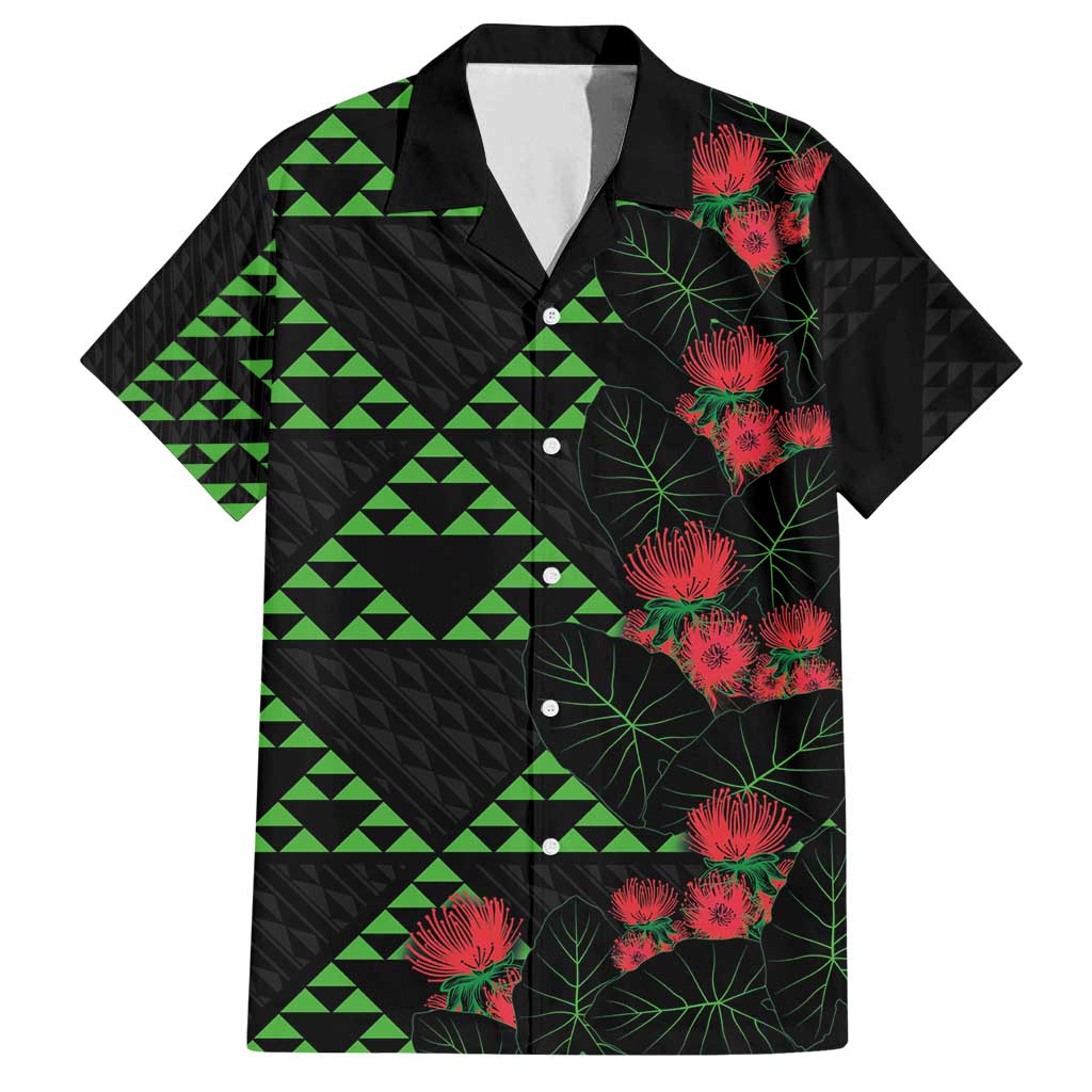Hawaiian Green Kakau Art Tattoo-Ohia Lehua and Taro Leaves Family Matching Puletasi and Hawaiian Shirt LT03 Dad's Shirt - Short Sleeve Black-Green - Polynesian Pride