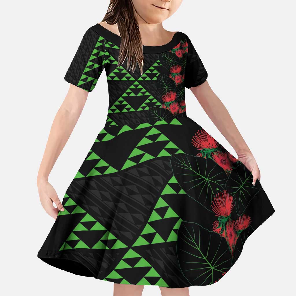 Hawaiian Green Kakau Art Tattoo-Ohia Lehua and Taro Leaves Family Matching Short Sleeve Bodycon Dress and Hawaiian Shirt LT03 Daughter's Dress Black-Green - Polynesian Pride