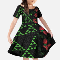 Hawaiian Green Kakau Art Tattoo-Ohia Lehua and Taro Leaves Family Matching Short Sleeve Bodycon Dress and Hawaiian Shirt LT03 Daughter's Dress Black-Green - Polynesian Pride