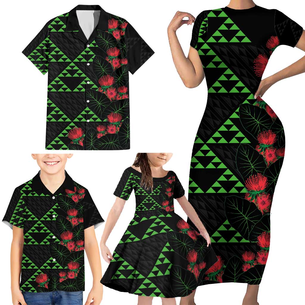 Hawaiian Green Kakau Art Tattoo-Ohia Lehua and Taro Leaves Family Matching Short Sleeve Bodycon Dress and Hawaiian Shirt LT03 - Polynesian Pride