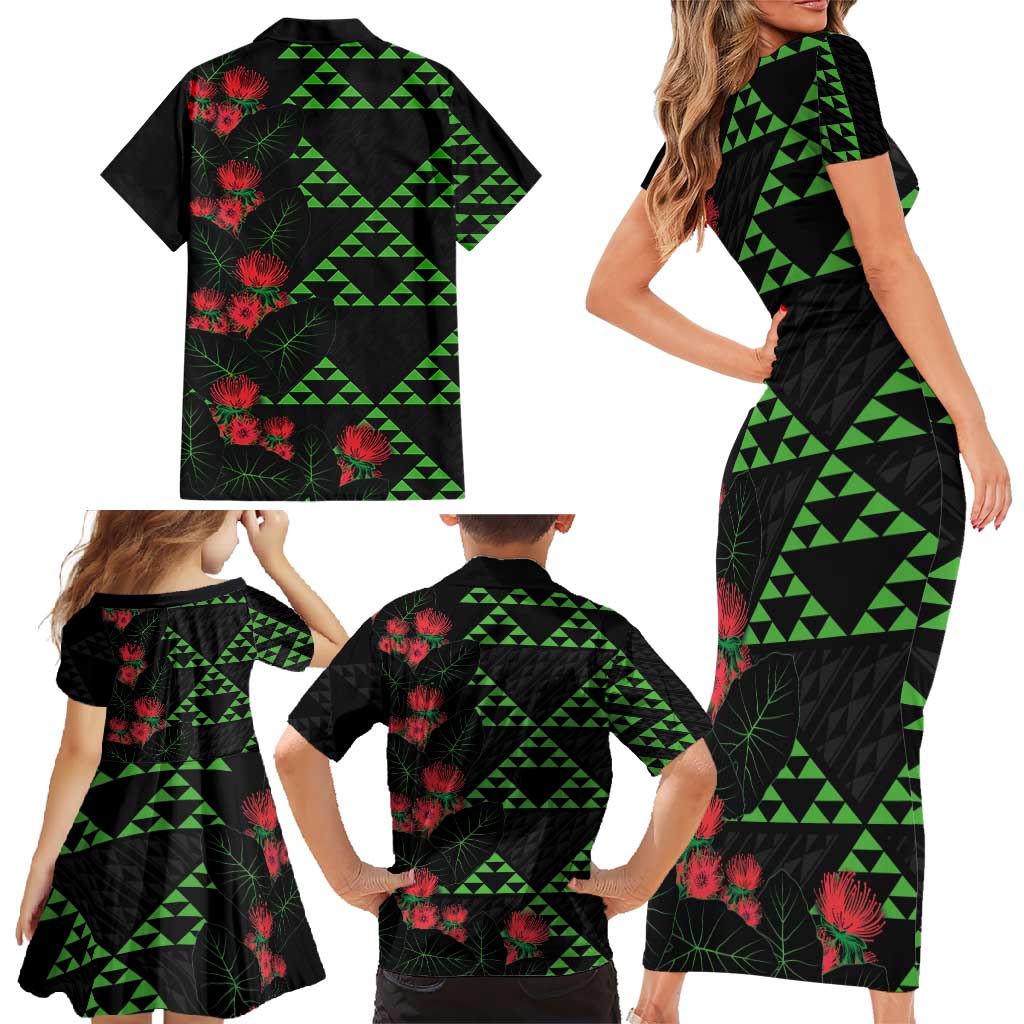 Hawaiian Green Kakau Art Tattoo-Ohia Lehua and Taro Leaves Family Matching Short Sleeve Bodycon Dress and Hawaiian Shirt LT03 - Polynesian Pride
