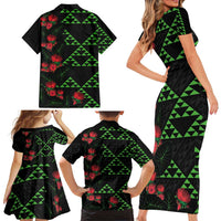 Hawaiian Green Kakau Art Tattoo-Ohia Lehua and Taro Leaves Family Matching Short Sleeve Bodycon Dress and Hawaiian Shirt LT03 - Polynesian Pride