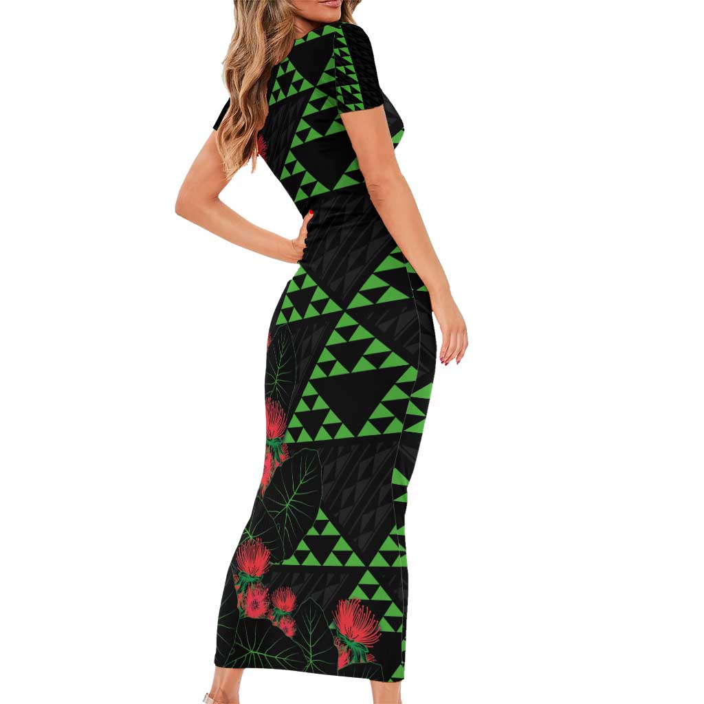 Hawaiian Green Kakau Art Tattoo-Ohia Lehua and Taro Leaves Family Matching Short Sleeve Bodycon Dress and Hawaiian Shirt LT03 - Polynesian Pride