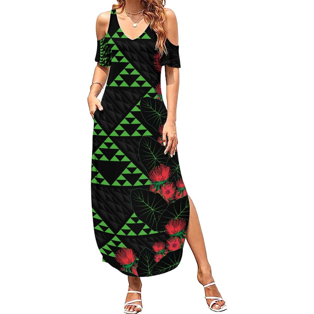 Hawaiian Green Kakau Art Tattoo-Ohia Lehua and Taro Leaves Family Matching Summer Maxi Dress and Hawaiian Shirt LT03 Mom's Dress Black-Green - Polynesian Pride