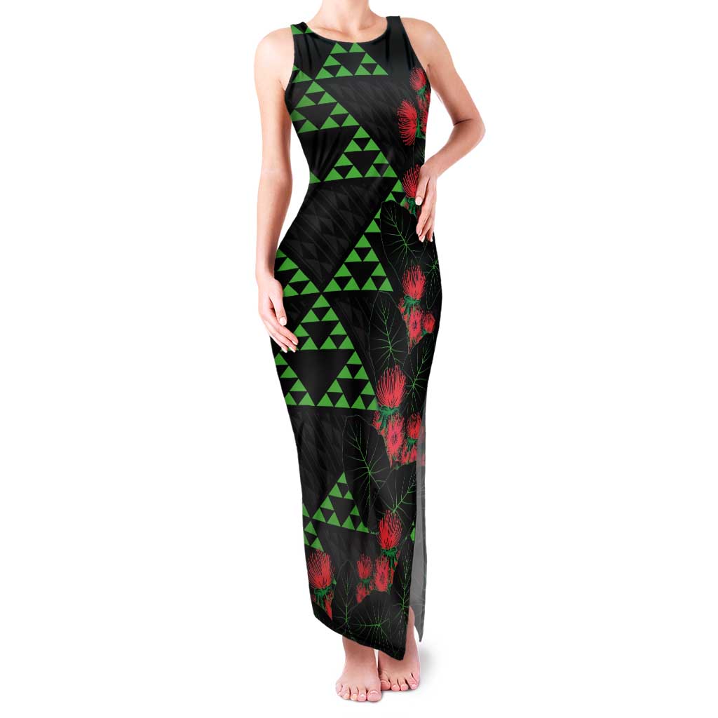 Hawaiian Green Kakau Art Tattoo-Ohia Lehua and Taro Leaves Family Matching Tank Maxi Dress and Hawaiian Shirt LT03 Mom's Dress Black-Green - Polynesian Pride