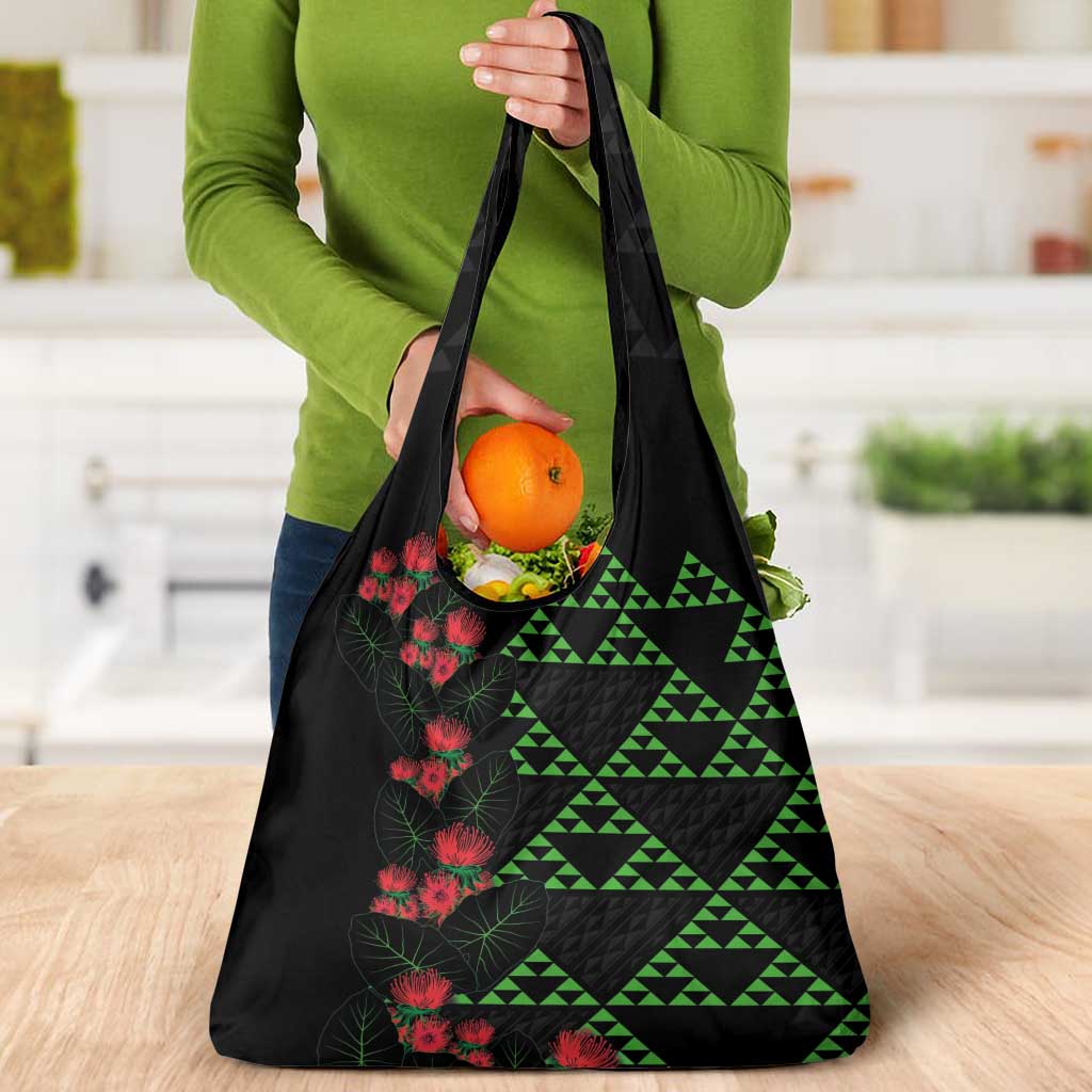 Hawaiian Green Kakau Art Tattoo-Ohia Lehua and Taro Leaves Grocery Bag