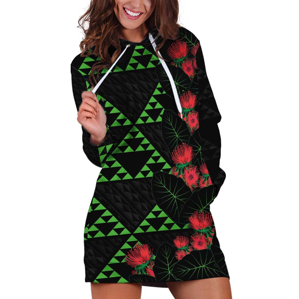 Hawaiian Green Kakau Art Tattoo-Ohia Lehua and Taro Leaves Hoodie Dress LT03 Black-Green - Polynesian Pride