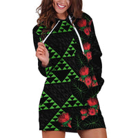 Hawaiian Green Kakau Art Tattoo-Ohia Lehua and Taro Leaves Hoodie Dress LT03 Black-Green - Polynesian Pride