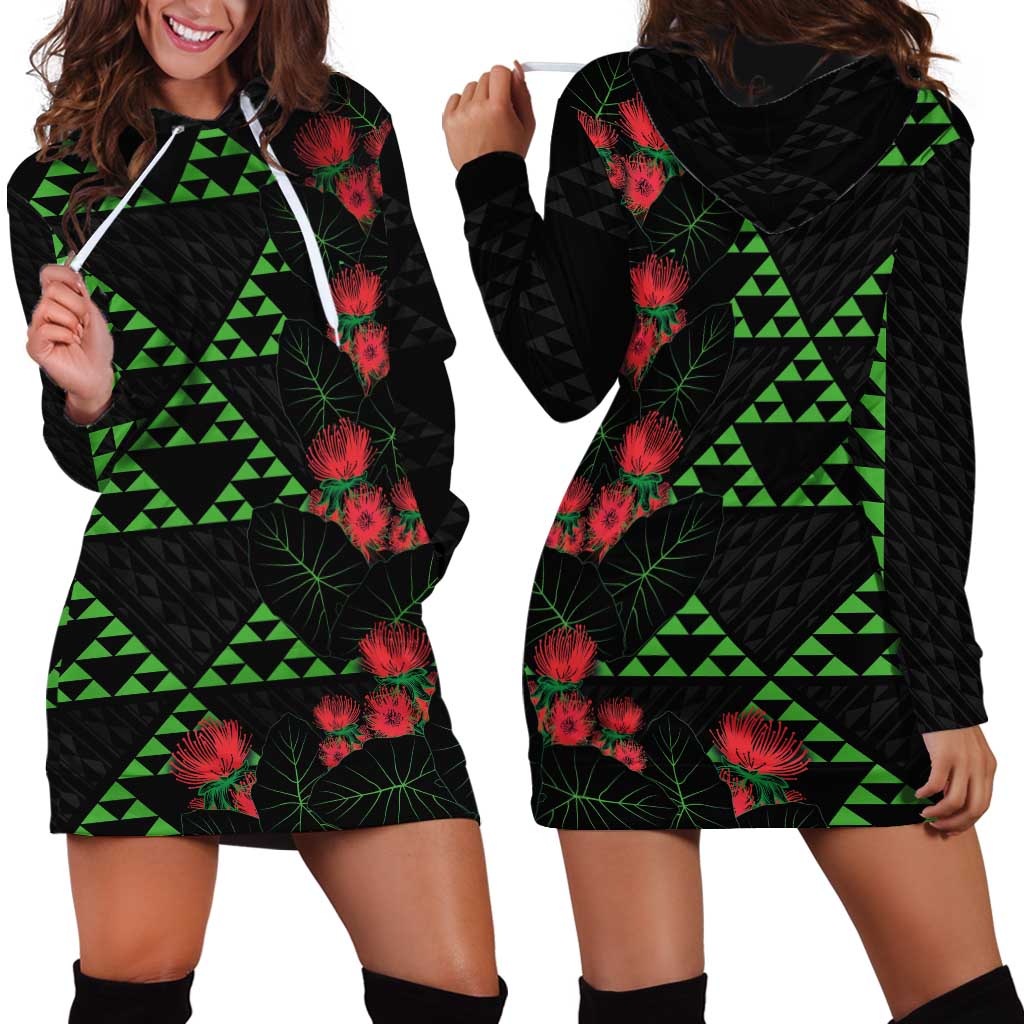 Hawaiian Green Kakau Art Tattoo-Ohia Lehua and Taro Leaves Hoodie Dress LT03 - Polynesian Pride