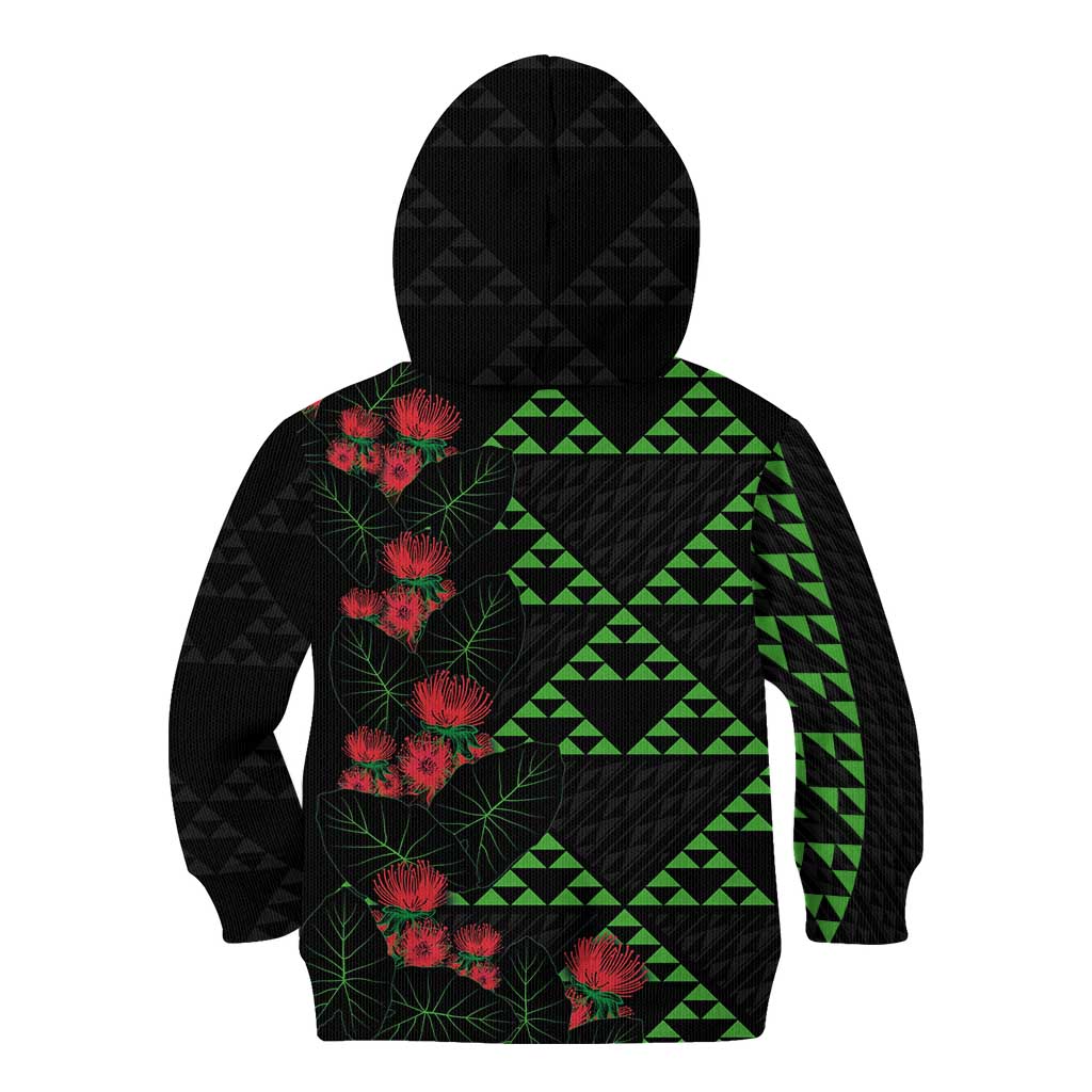 Hawaiian Green Kakau Art Tattoo-Ohia Lehua and Taro Leaves Kid Hoodie LT03 - Polynesian Pride