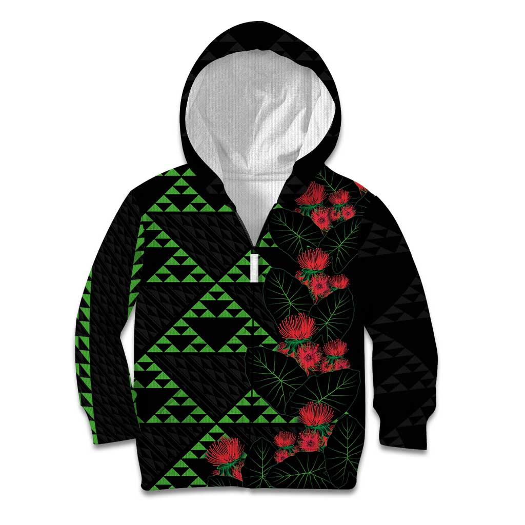 Hawaiian Green Kakau Art Tattoo-Ohia Lehua and Taro Leaves Kid Hoodie LT03 Zip Hoodie Black-Green - Polynesian Pride