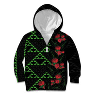 Hawaiian Green Kakau Art Tattoo-Ohia Lehua and Taro Leaves Kid Hoodie LT03 Zip Hoodie Black-Green - Polynesian Pride