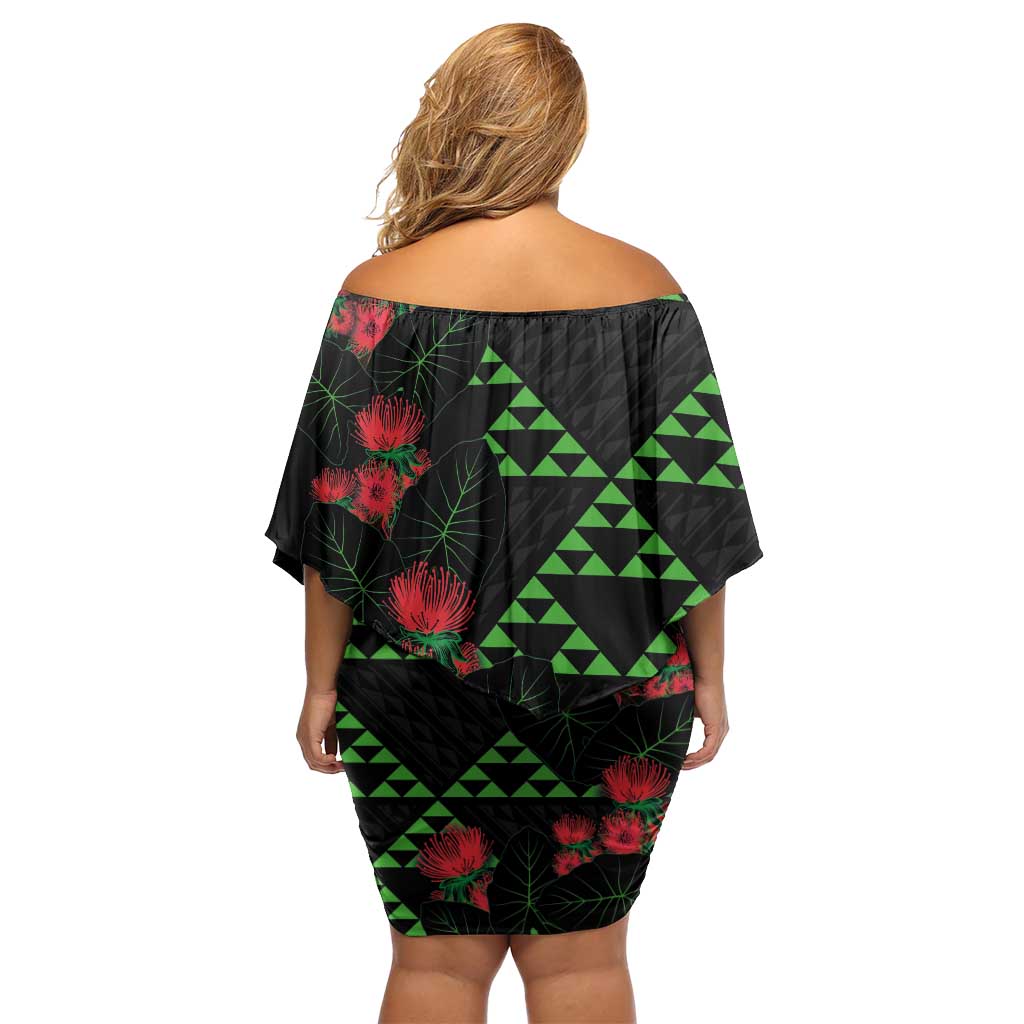 Hawaiian Green Kakau Art Tattoo-Ohia Lehua and Taro Leaves Off Shoulder Short Dress LT03 - Polynesian Pride