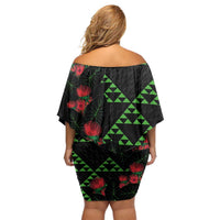 Hawaiian Green Kakau Art Tattoo-Ohia Lehua and Taro Leaves Off Shoulder Short Dress LT03 - Polynesian Pride
