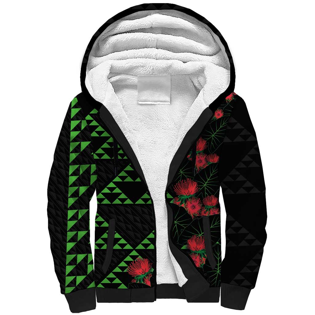 Hawaiian Green Kakau Art Tattoo-Ohia Lehua and Taro Leaves Sherpa Hoodie LT03 Unisex Black-Green - Polynesian Pride