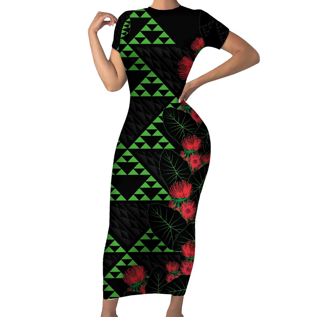 Hawaiian Green Kakau Art Tattoo-Ohia Lehua and Taro Leaves Short Sleeve Bodycon Dress LT03 Long Dress Black-Green - Polynesian Pride