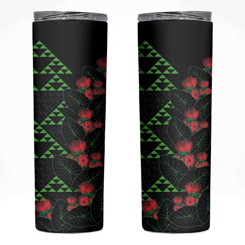 Hawaiian Green Kakau Art Tattoo-Ohia Lehua and Taro Leaves Skinny Tumbler LT03 Black-Green - Polynesian Pride