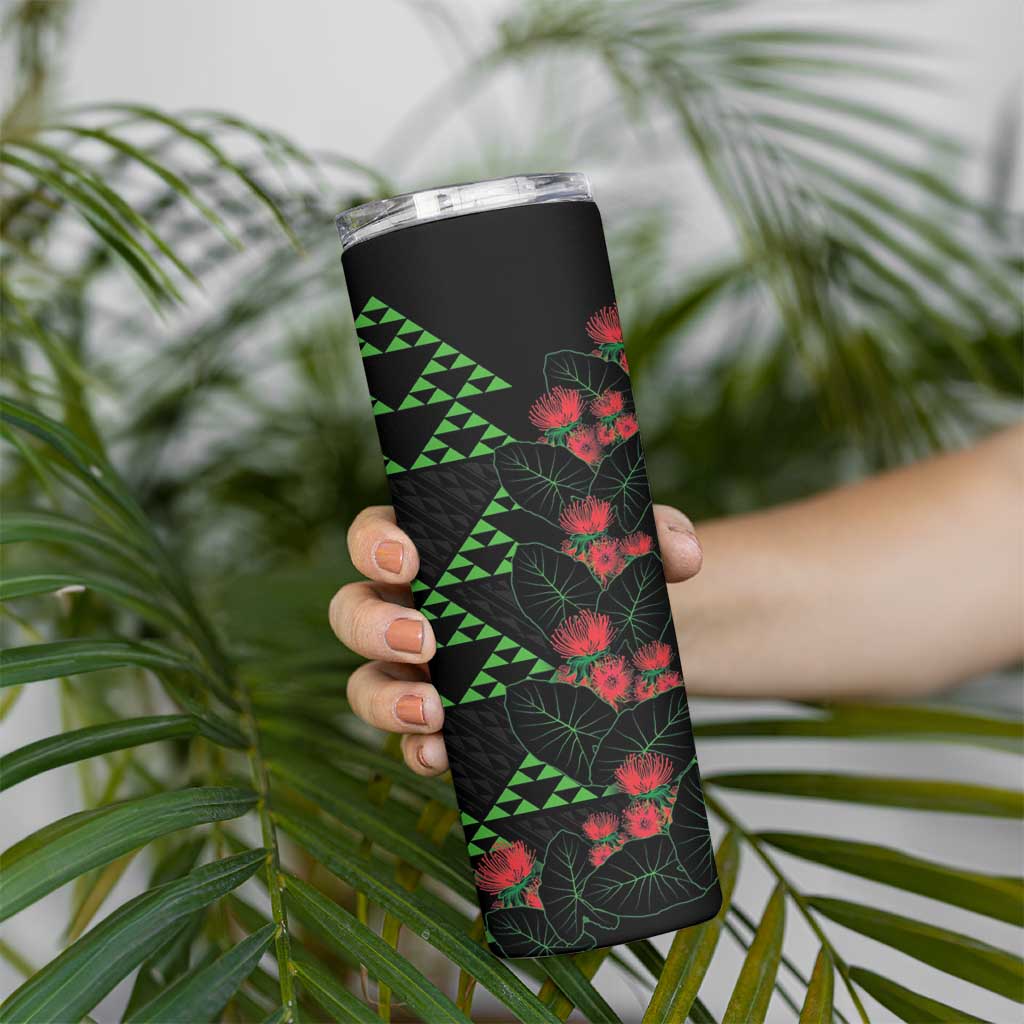 Hawaiian Green Kakau Art Tattoo-Ohia Lehua and Taro Leaves Skinny Tumbler LT03 - Polynesian Pride