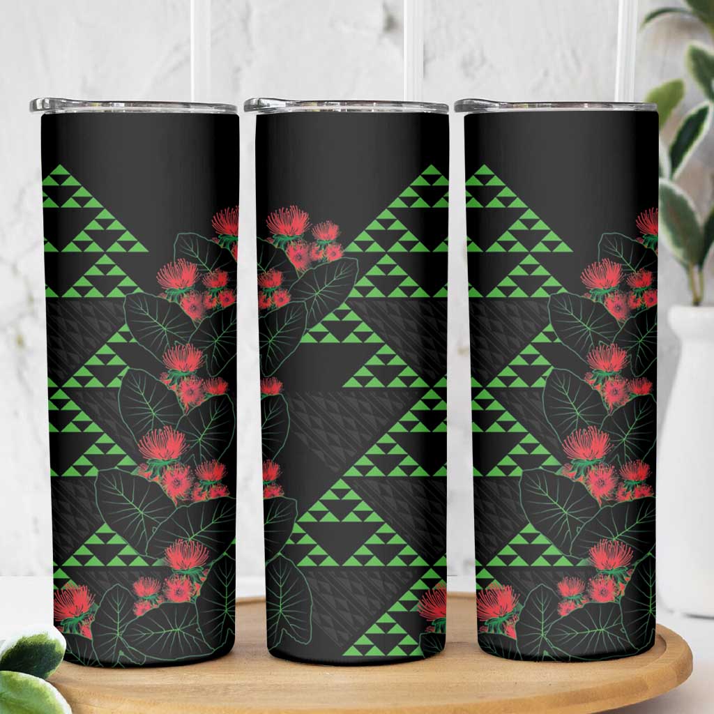 Hawaiian Green Kakau Art Tattoo-Ohia Lehua and Taro Leaves Skinny Tumbler LT03 - Polynesian Pride