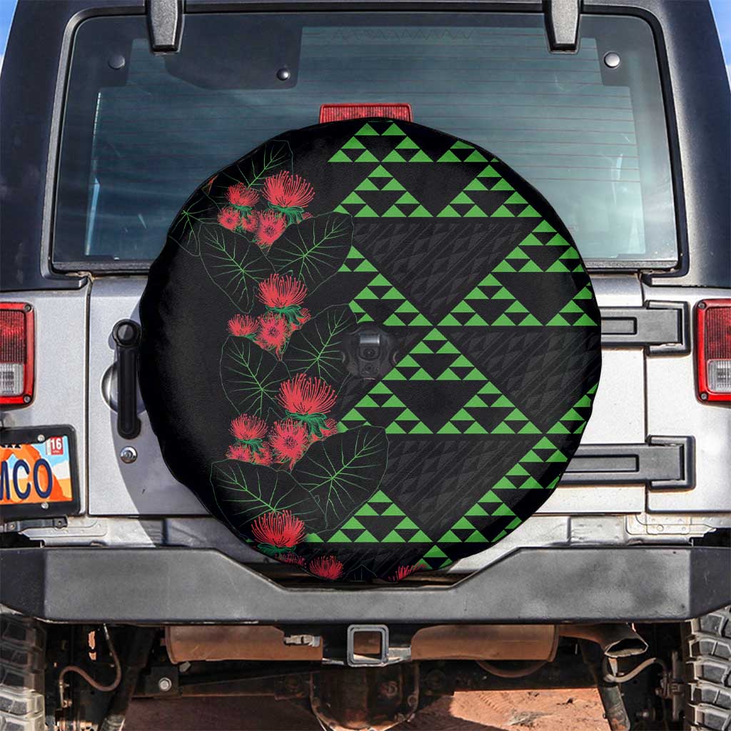 Hawaiian Green Kakau Art Tattoo-Ohia Lehua and Taro Leaves Spare Tire Cover LT03 Black-Green - Polynesian Pride