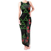 Hawaiian Green Kakau Art Tattoo-Ohia Lehua and Taro Leaves Tank Maxi Dress LT03 Women Black-Green - Polynesian Pride