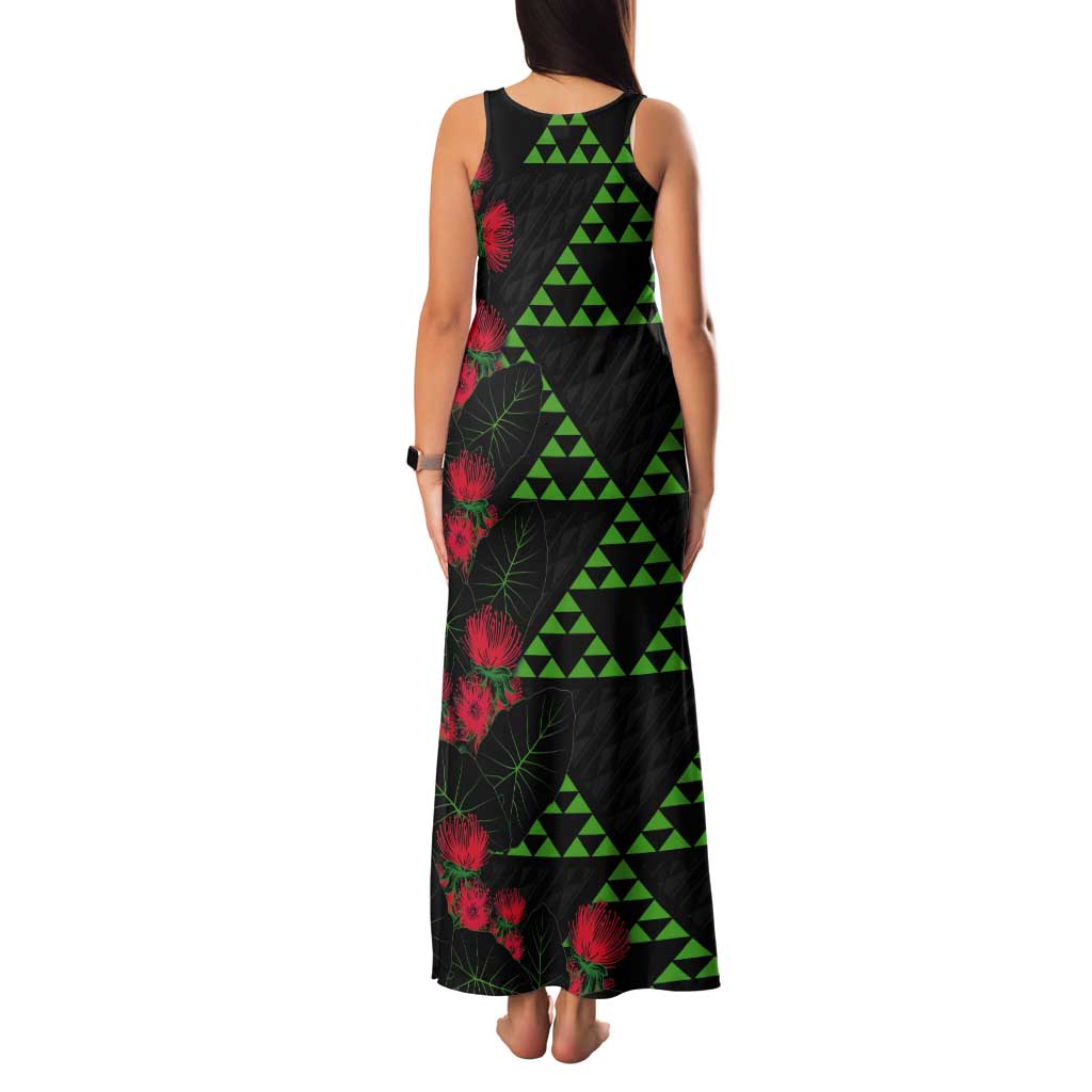 Hawaiian Green Kakau Art Tattoo-Ohia Lehua and Taro Leaves Tank Maxi Dress LT03 - Polynesian Pride