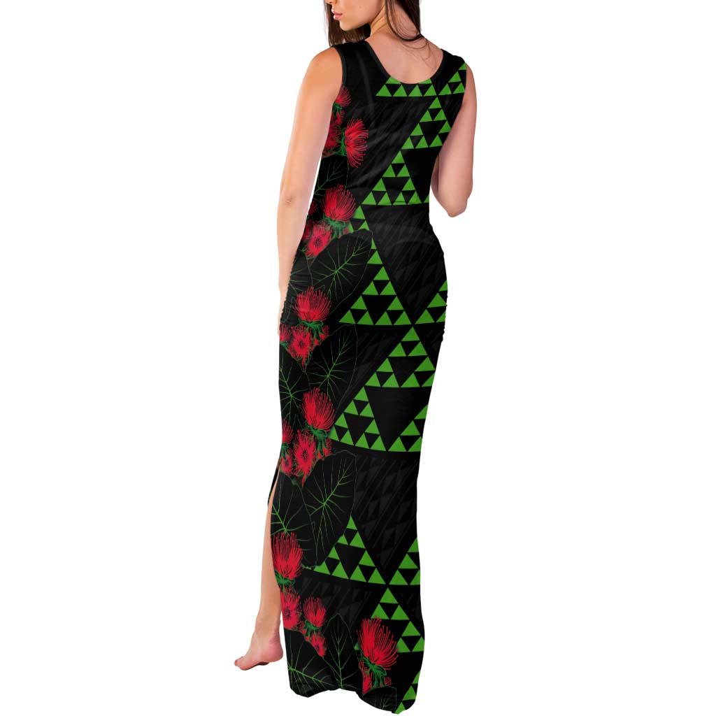 Hawaiian Green Kakau Art Tattoo-Ohia Lehua and Taro Leaves Tank Maxi Dress LT03 - Polynesian Pride