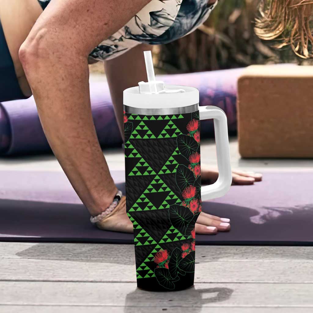 Hawaiian Green Kakau Art Tattoo-Ohia Lehua and Taro Leaves Tumbler With Handle