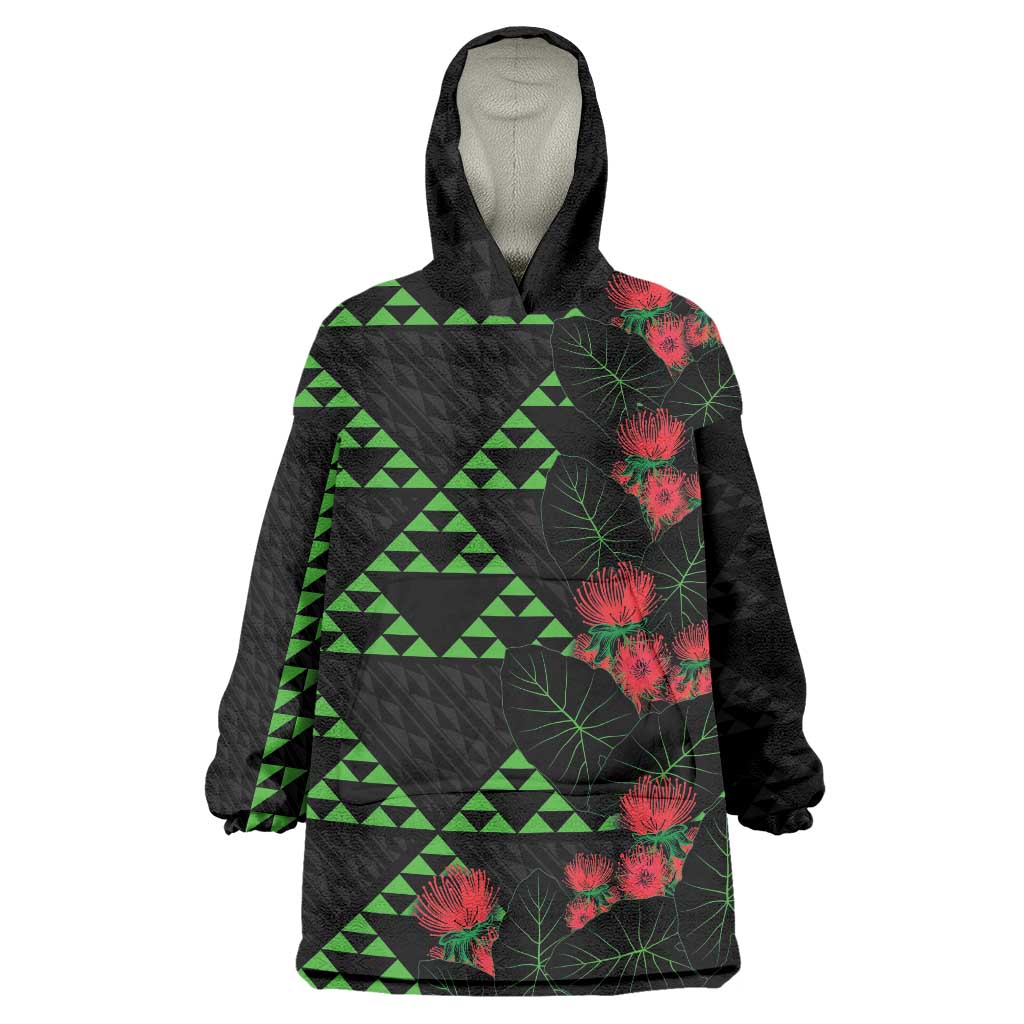 Hawaiian Green Kakau Art Tattoo-Ohia Lehua and Taro Leaves Wearable Blanket Hoodie LT03 One Size Black-Green - Polynesian Pride